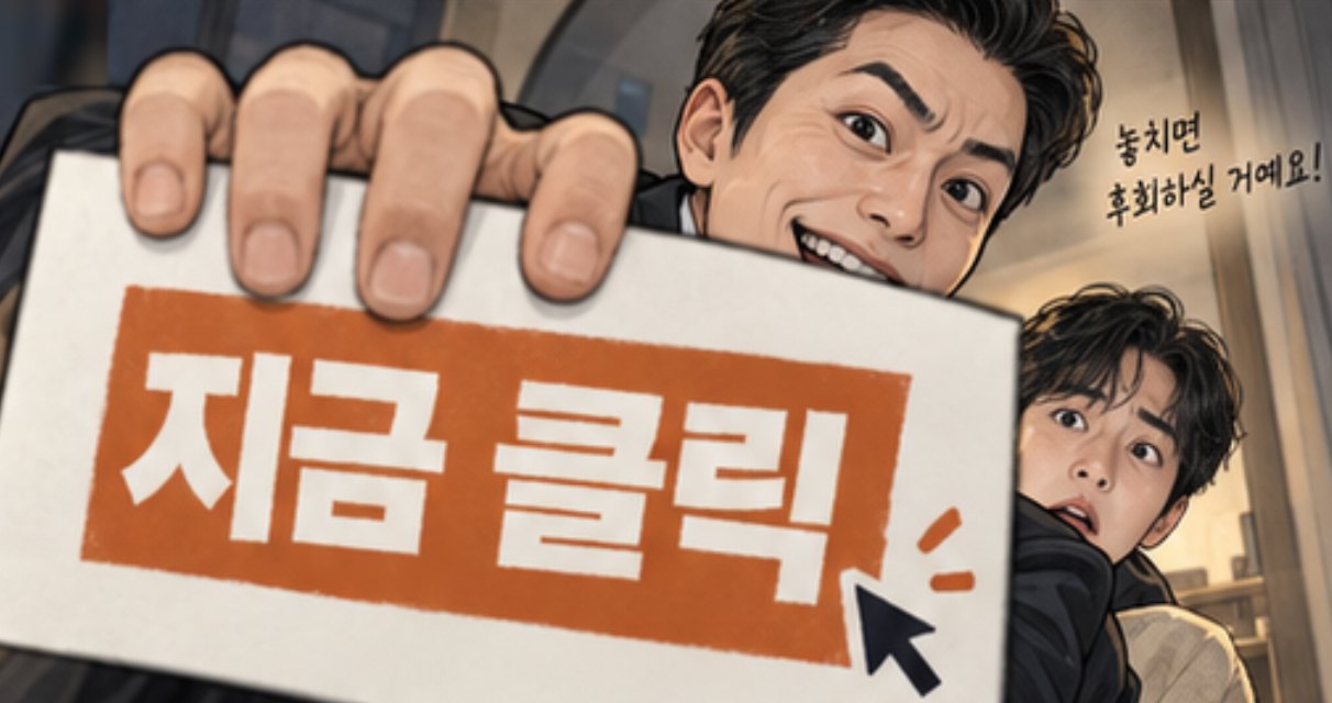 병원 홍보 콘텐츠의 웹툰형 장면, 지금 클릭 카드를 내미는 컷